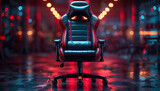 Gaming chair in game room. Professional gamers room with powerful personal computer game chair black and red color. Concept cyber sport arena. Online gaming modern technology entertainment  streaming