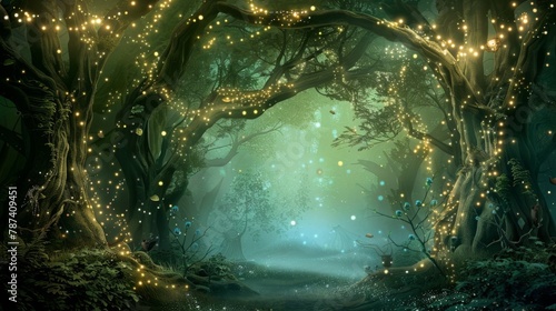 Enchanted Forest Pathway with Magical Glowing Lights at Twilight