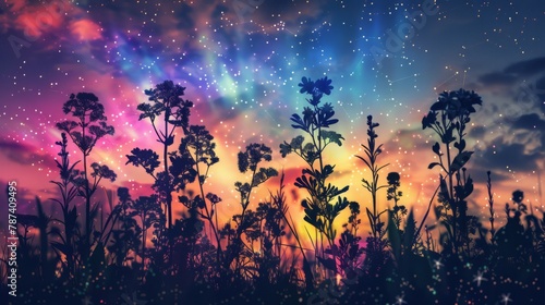 Enchanting Twilight Silhouette of Wildflowers Against Cosmic Sky © Oksana Smyshliaeva