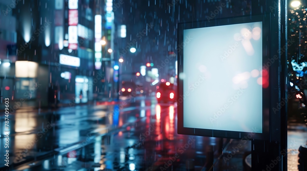 Mock up of blank advertising light box rainy city at night : Generative AI