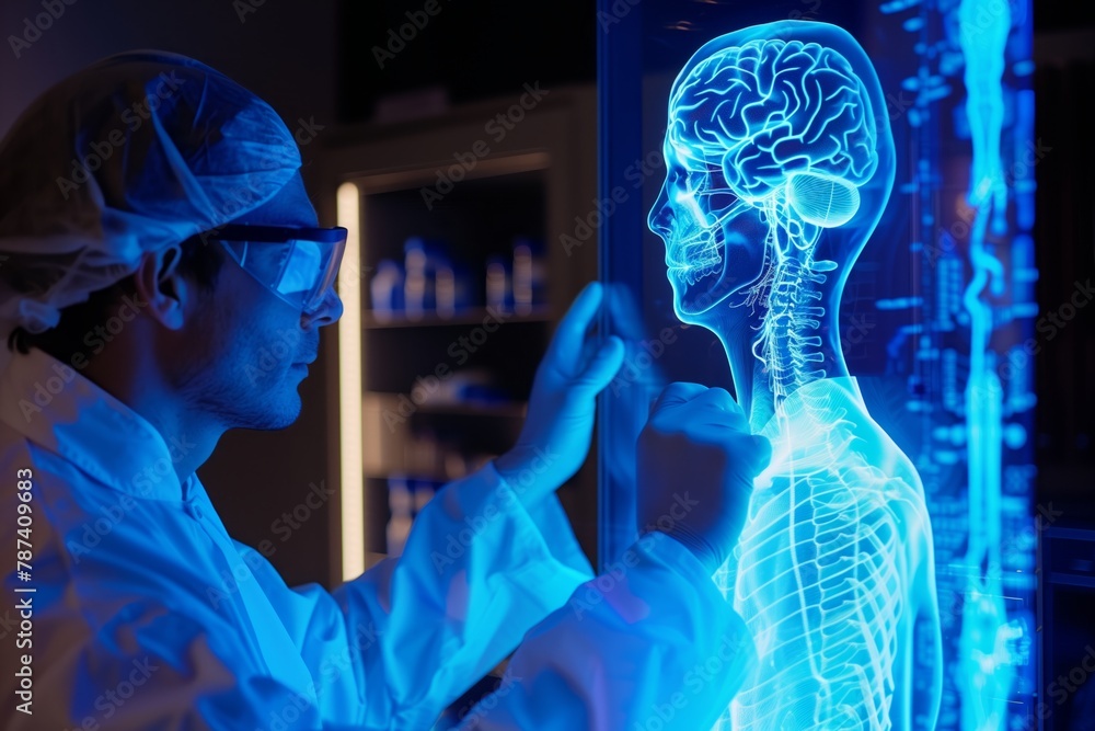Radiologist examining a digital brain hologram