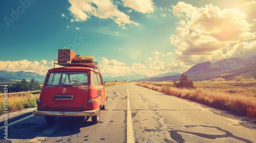 Orange vintage van traveling on a deserted road with clear blue sky and fluffy clouds photo