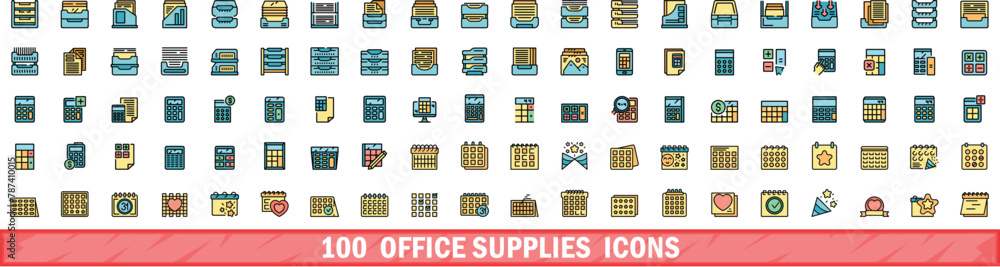 100 office supplies icons set. Color line set of office supplies vector icons thin line color flat on white 100 office supplies icons set. Color line set of office supplies vector icons thin line color flat on white