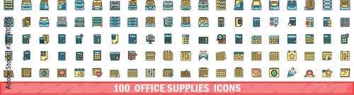 100 office supplies icons set. Color line set of office supplies vector icons thin line color flat on white