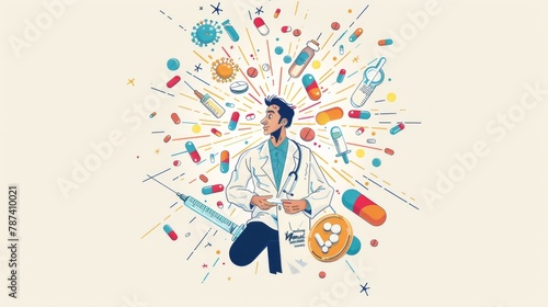A man in a white coat is holding a syringe and a bag of pills