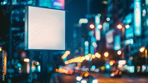 Blank city format Billboard LightPoster CityLight banner pylon in in the city center mockup at night Blurred background copy space : Generative AI photo