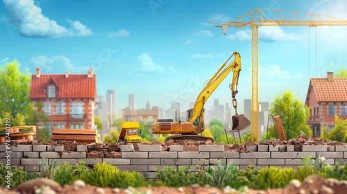 Excavator and dump truck at construction site with urban background. Realistic miniature scene.