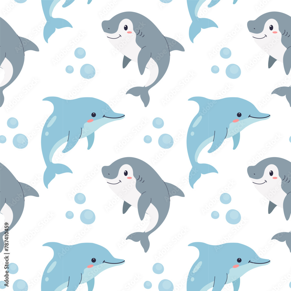 Marine pattern with cute dolphins and sharks on a white background. Design for children's products, wrapping paper, nursery wallpaper. Vector illustration Marine pattern with cute dolphins and sharks on a white background. Design for children's products, wrapping paper, nursery wallpaper. Vector illustration