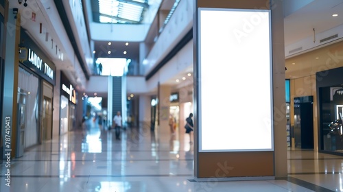 Mock up template Vertical white blank signboard media display advertising billboard on brown wall inside shopping mall : Generative AI