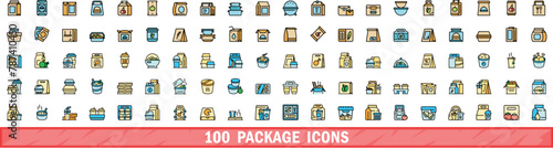 100 package icons set. Color line set of package vector icons thin line color flat on white