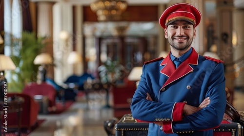 Confident doorman in traditional red and blue uniform at upscale hotel entrance photo