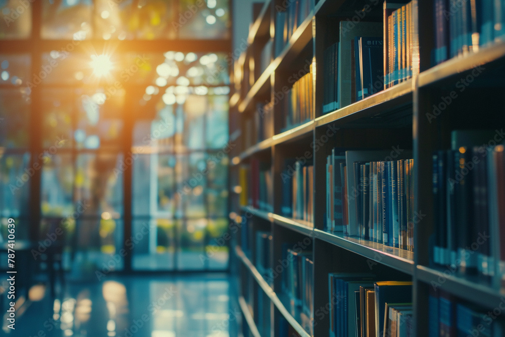 Close-up modern library on blurred background with daylight. Selective focus. Close-up modern library on blurred background with daylight. Selective focus.