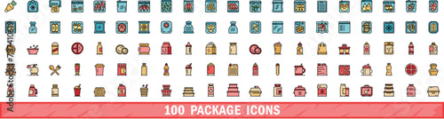 100 package icons set. Color line set of package vector icons thin line color flat on white photo