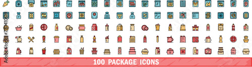 100 package icons set. Color line set of package vector icons thin line color flat on white
