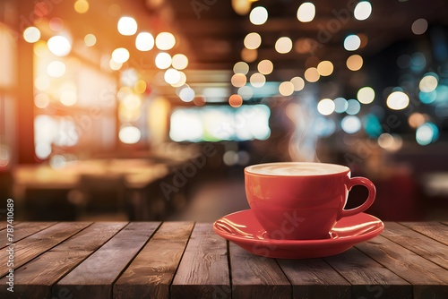 Cafe ambiance wooden table against blurred bokeh background