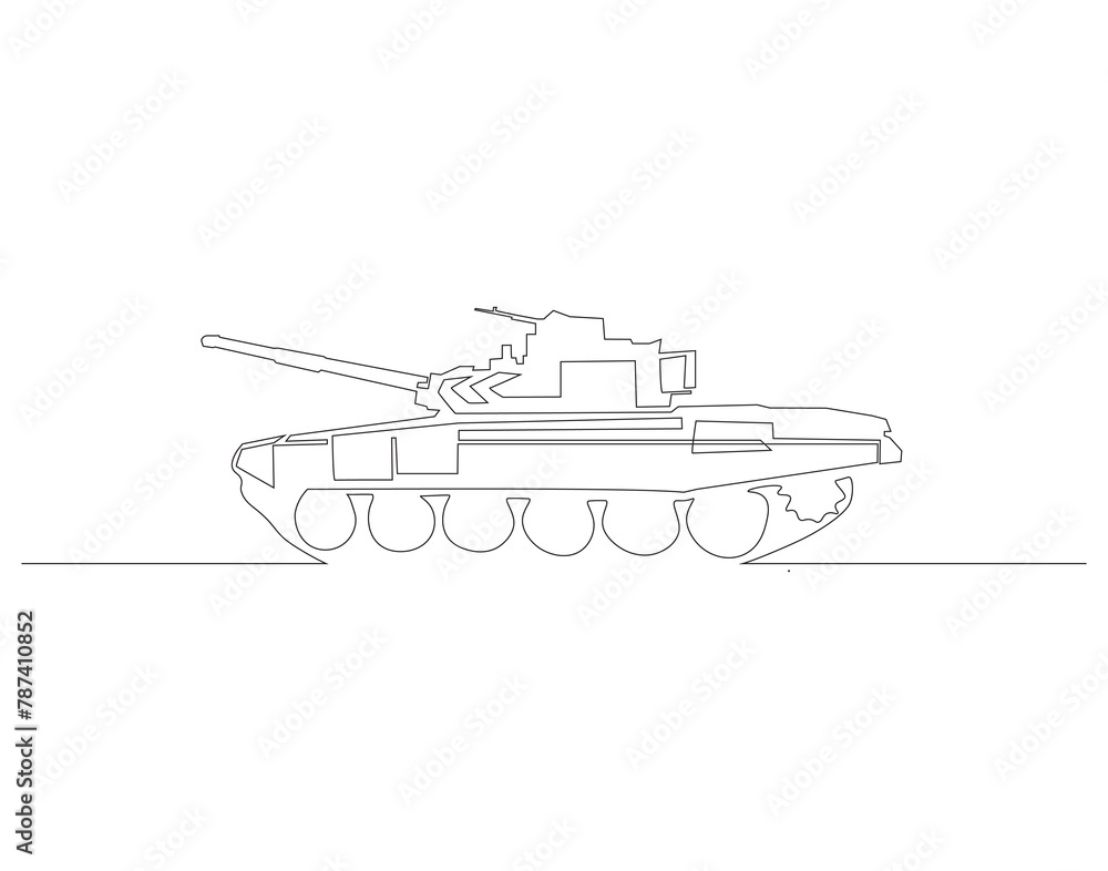 Continuous line drawing of tank. One line of military tank. War vehicle concept continuous line art. Editable outline Continuous line drawing of tank. One line of military tank. War vehicle concept continuous line art. Editable outline