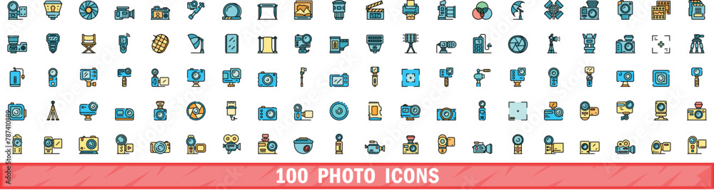 100 photo icons set. Color line set of photo vector icons thin line color flat on white 100 photo icons set. Color line set of photo vector icons thin line color flat on white
