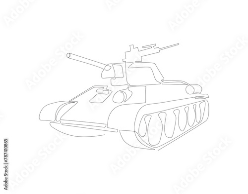 Continuous line drawing of tank. One line of military tank. War vehicle concept continuous line art. Editable outline