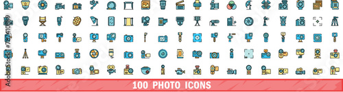 100 photo icons set. Color line set of photo vector icons thin line color flat on white