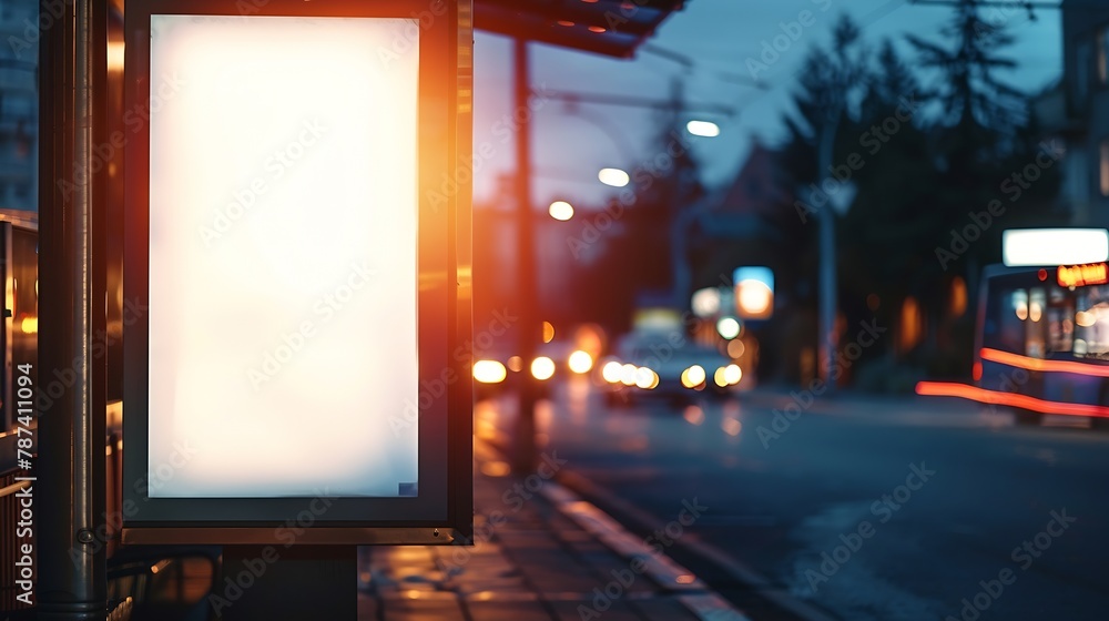 White isolated backlit ad space at a bus stop on the street : Generative AI White isolated backlit ad space at a bus stop on the street : Generative AI