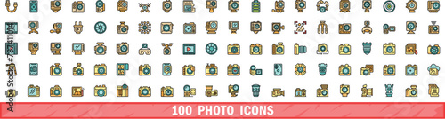 100 photo icons set. Color line set of photo vector icons thin line color flat on white