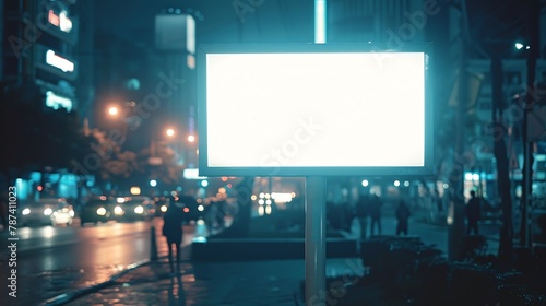 Billboard in a stop White field for advertising glowing at night in the city Vertical Field Mockup with people in the background   Generative AI
