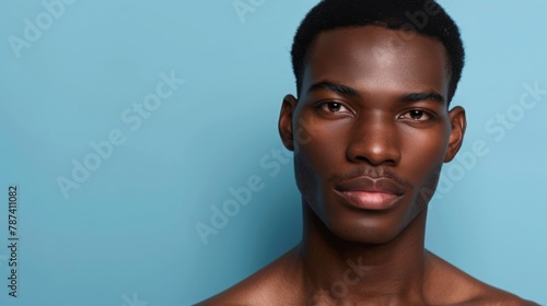 Confident Young African American Man with Clear Skin on Blue Background