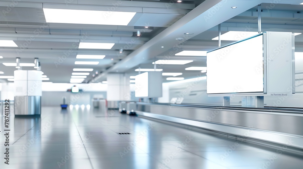 A baggage claim area in a hall of a contemporary airport arrival zone with luggage conveyor belt and a mockup of a long white empty advertising or information billboard and tv plasma s : Generative AI A baggage claim area in a hall of a contemporary airport arrival zone with luggage conveyor belt and a mockup of a long white empty advertising or information billboard and tv plasma s : Generative AI