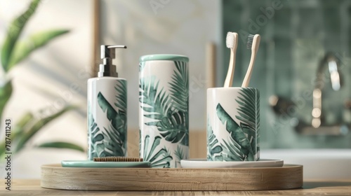 Blank mockup of a ceramic soap dispenser set featuring a soap dish and toothbrush holder in a coordinating design. . photo