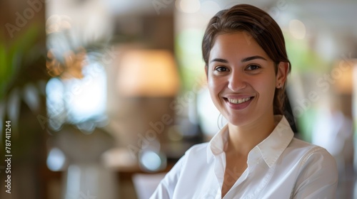 Smiling female hotel staff at modern reception desk. Welcoming hospitality professional in bright interior setting