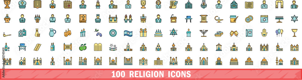 100 religion icons set. Color line set of religion vector icons thin line color flat on white 100 religion icons set. Color line set of religion vector icons thin line color flat on white