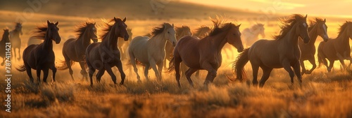 Majestic wild horses galloping in the golden light of sunset across the grassy plains  showcasing their power and freedom