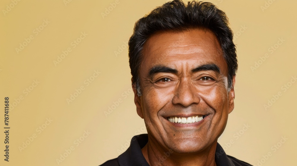 Obraz premium Confident Mature Hispanic Man Smiling Against Beige Background