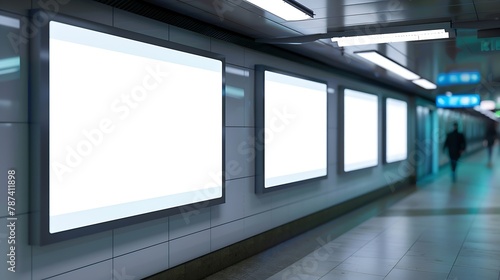 Three mock up the white screen billboard in subway station for advertising information or media on wall of corridor blur passenger walking through the left : Generative AI photo