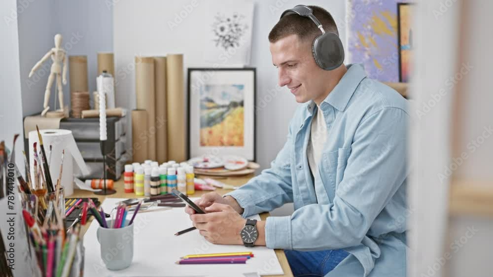 A cheerful young man wearing headphones uses a smartphone in a colorful art studio, surrounded by paintings and art supplies. A cheerful young man wearing headphones uses a smartphone in a colorful art studio, surrounded by paintings and art supplies.
