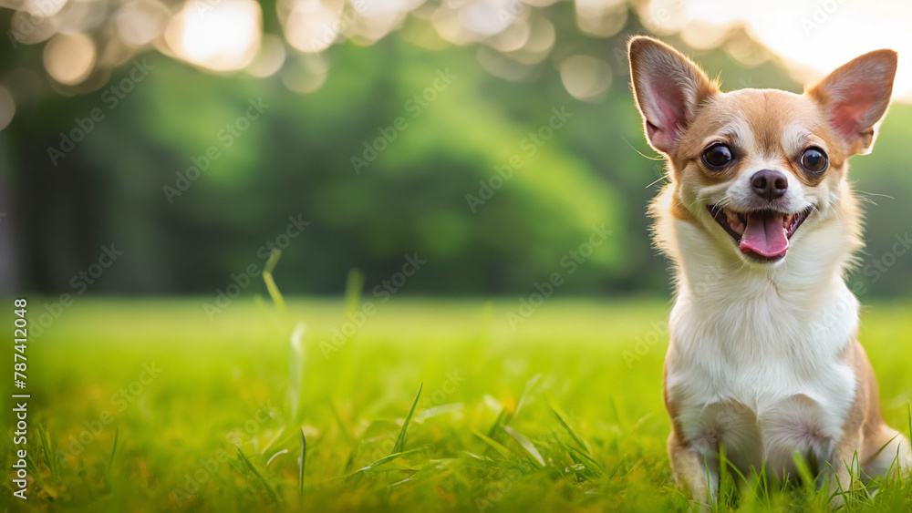 chihuahua dog with a cheerful expression and sitting in the middle of the garden with an empty space on the left side