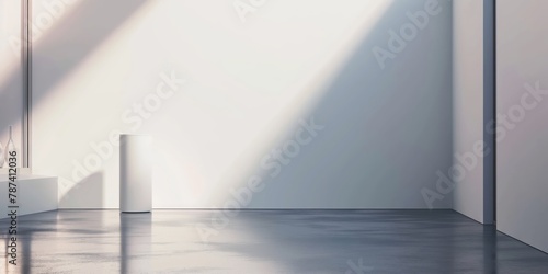 A minimalist room with strong sunlight casting shadows  evoking feelings of calm  purity  and simplicity