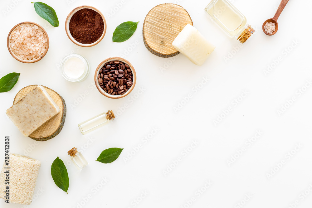 Spa cosmetic set with coffee soap and essential oil, top view Spa cosmetic set with coffee soap and essential oil, top view