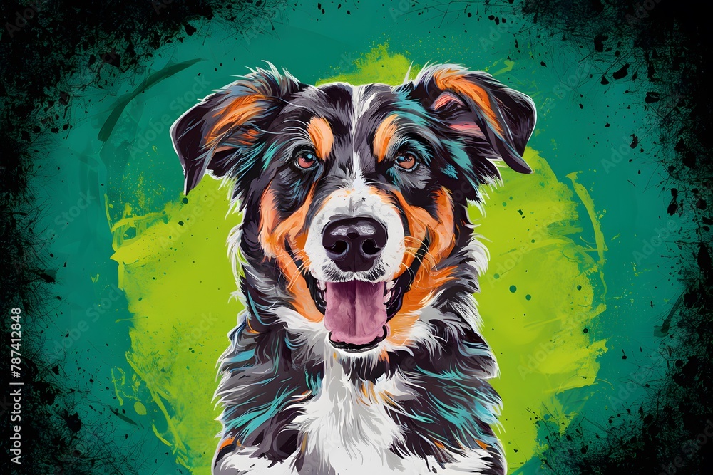 Colorful ink painting of dog on grunge digital art background