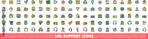 100 support icons set. Color line set of support vector icons thin line color flat on white