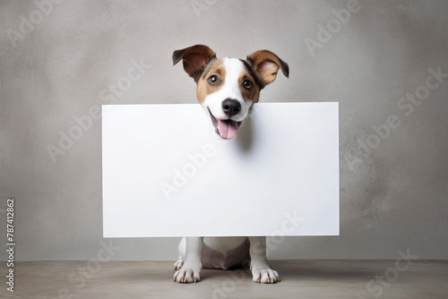 studio shot of a cute dog on an isolated background holding a blank sheet.  © Ox_art