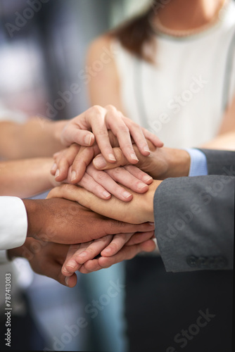Business people  hands and stack for teamwork support with b2b collaboration  merger or partnership. Fingers  pile and community agreement in union for employee solidarity in goal  corporate or staff