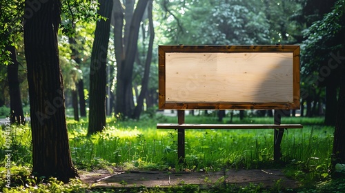 Front view of a wooden advertisement mockup at a green forest park Park indications and regulations   Generative AI