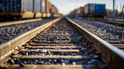 Close-Up View of Railroad Tracks with Freight Trains in Soft Focus Background photo