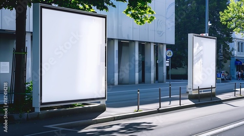 2 largeformat billboards next to each other on a street in Switzerland in Ticino Lugano : Generative AI photo