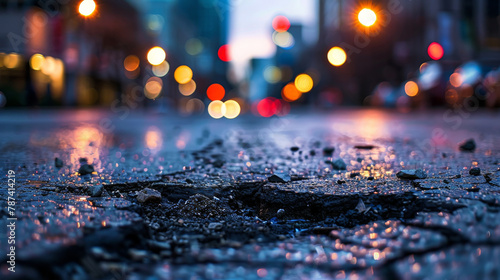 Rain-Wet Street with Glowing Evening Lights and Bokeh