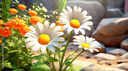 A close up of some daisies in front of a wooden fence photo