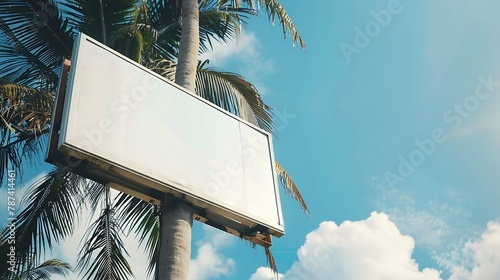 Outdoor pole billboard on coconut tree and blue sky background with mock up white screen and clipping path : Generative AI