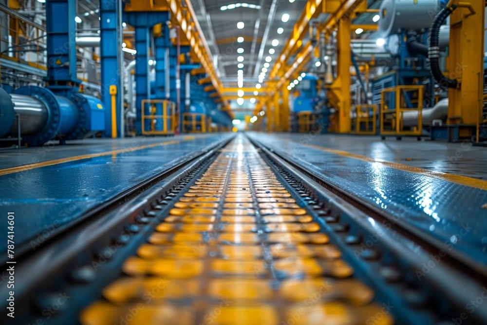 Empty factory floor with illuminated tracks Empty factory floor with illuminated tracks