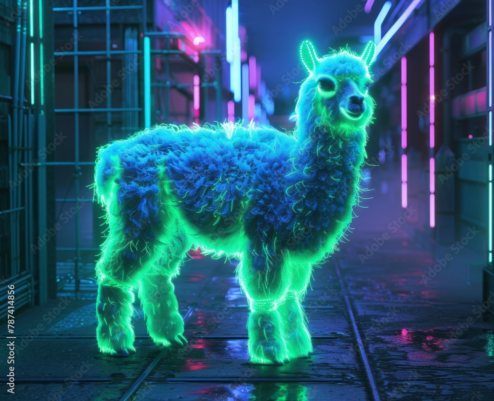 Naklejka premium llama in neon light.